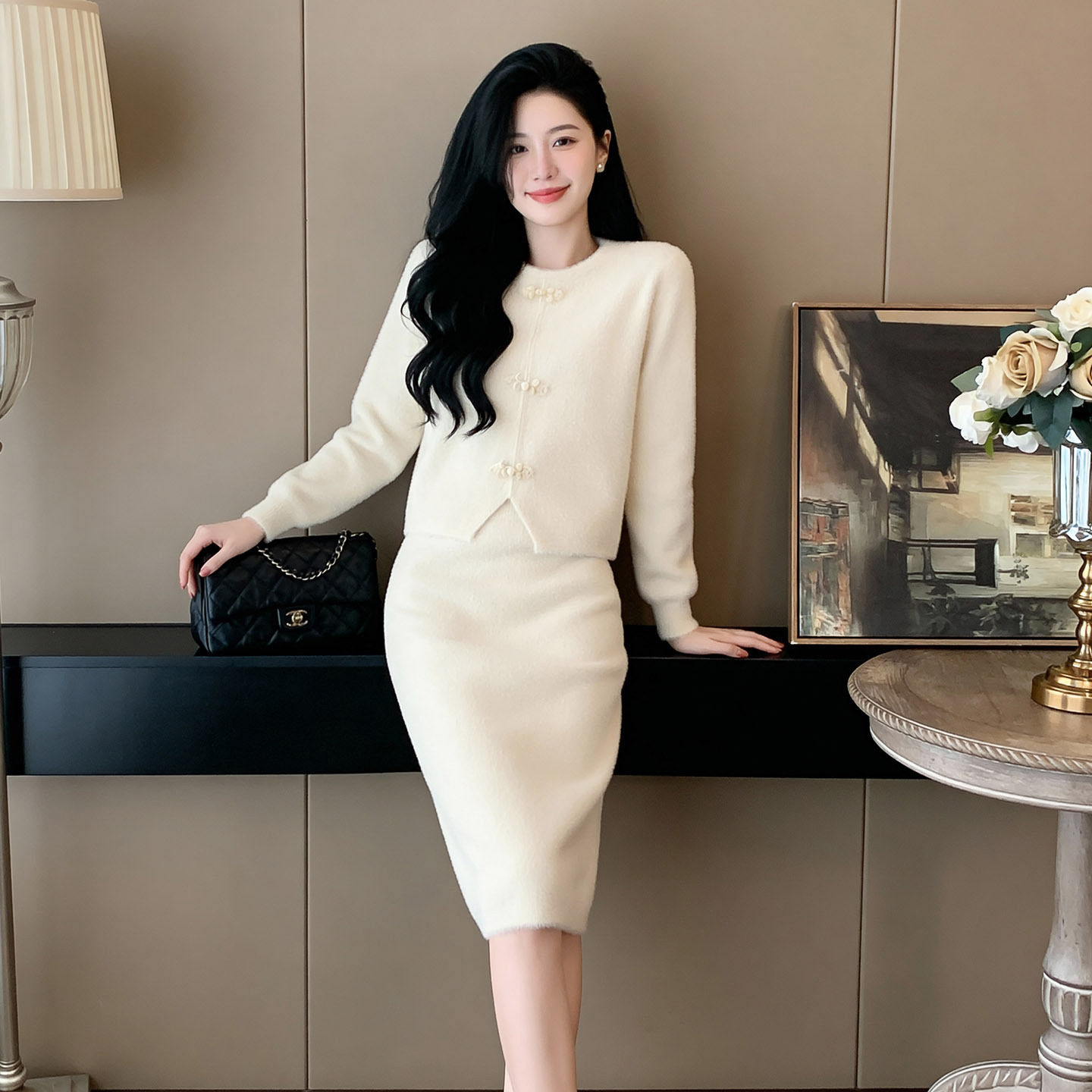 感新款针织保暖休闲时尚两件套柔软水貂毛长袖开衫女装裙套装