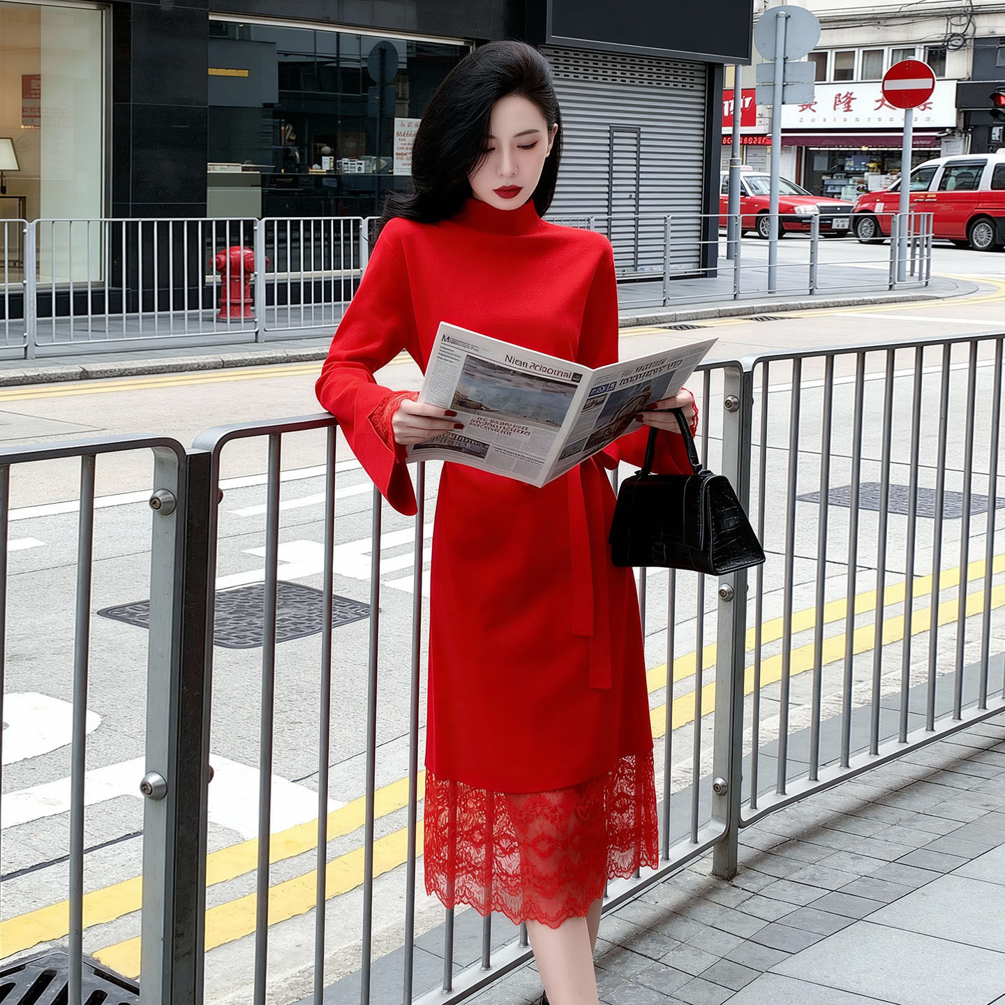 秋冬季新款针织长袖修身连衣裙腰带蕾丝设计感毛衣裙长袖保暖打底