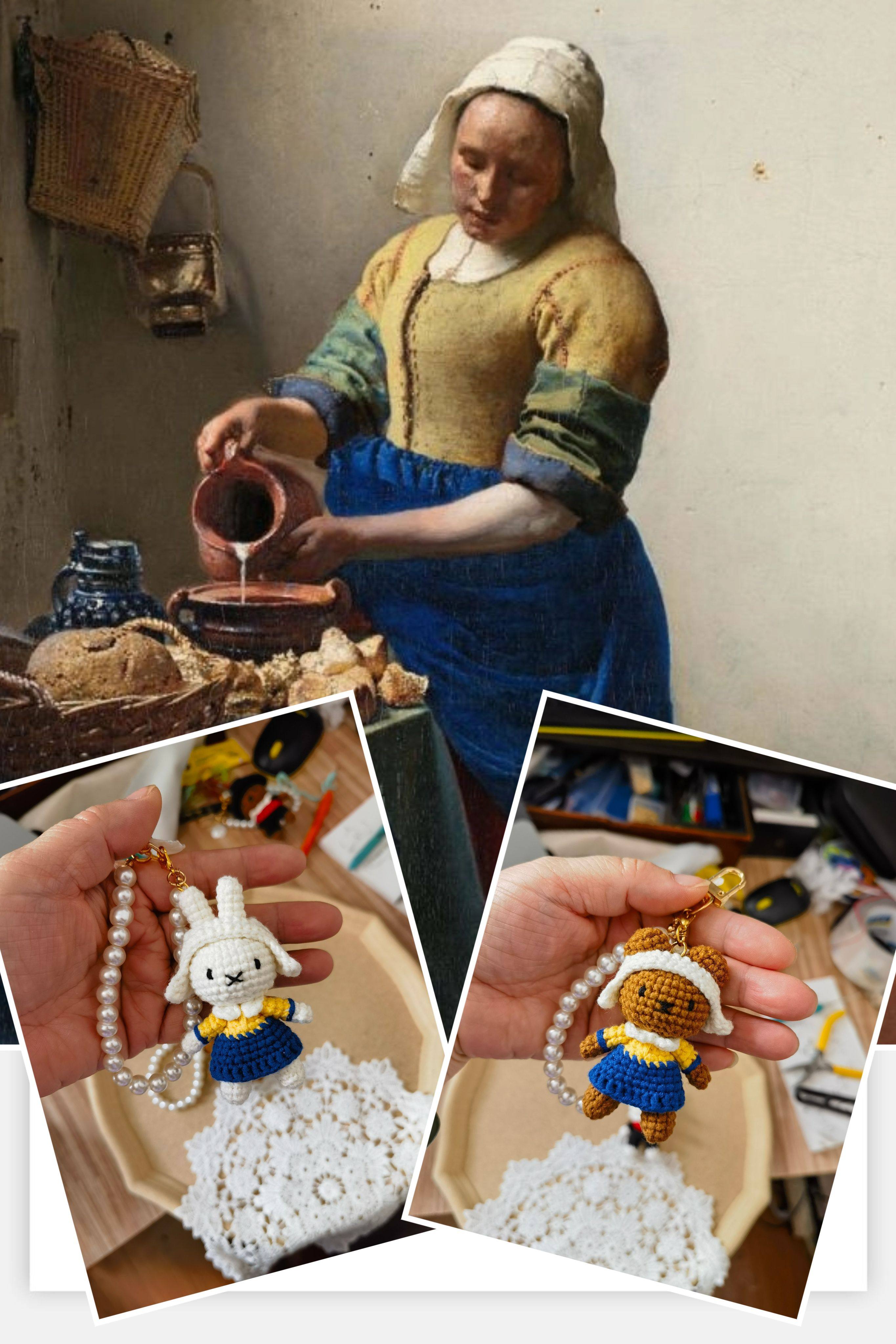 手工成品迷你版米菲风格 小兔小熊名画女佣 带珍珠耳环的少女挂件