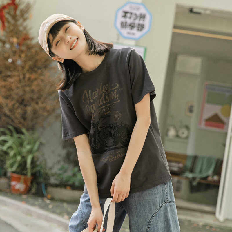 角舍2026夏季新款 拉风摩托纯棉印花宽松短袖T恤女正肩学院风上衣