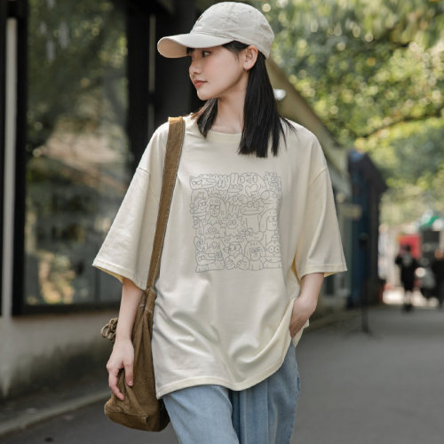 角舍2026夏季新款 宽松印花纯棉短袖T恤女大码胖mm韩版慵懒风上衣