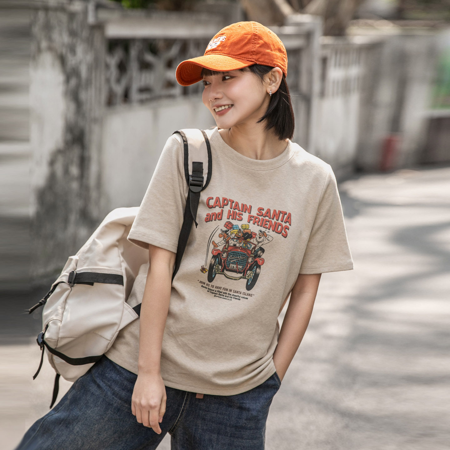 角舍2026春秋季新款 磨毛厚实印花短袖T恤女巨好看的正肩宽松上衣图片