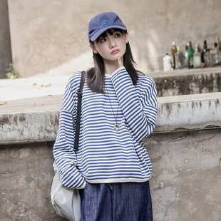 角舍2026春秋季新款条纹圆领短款无帽宽松慵懒风卫衣外套女士个子