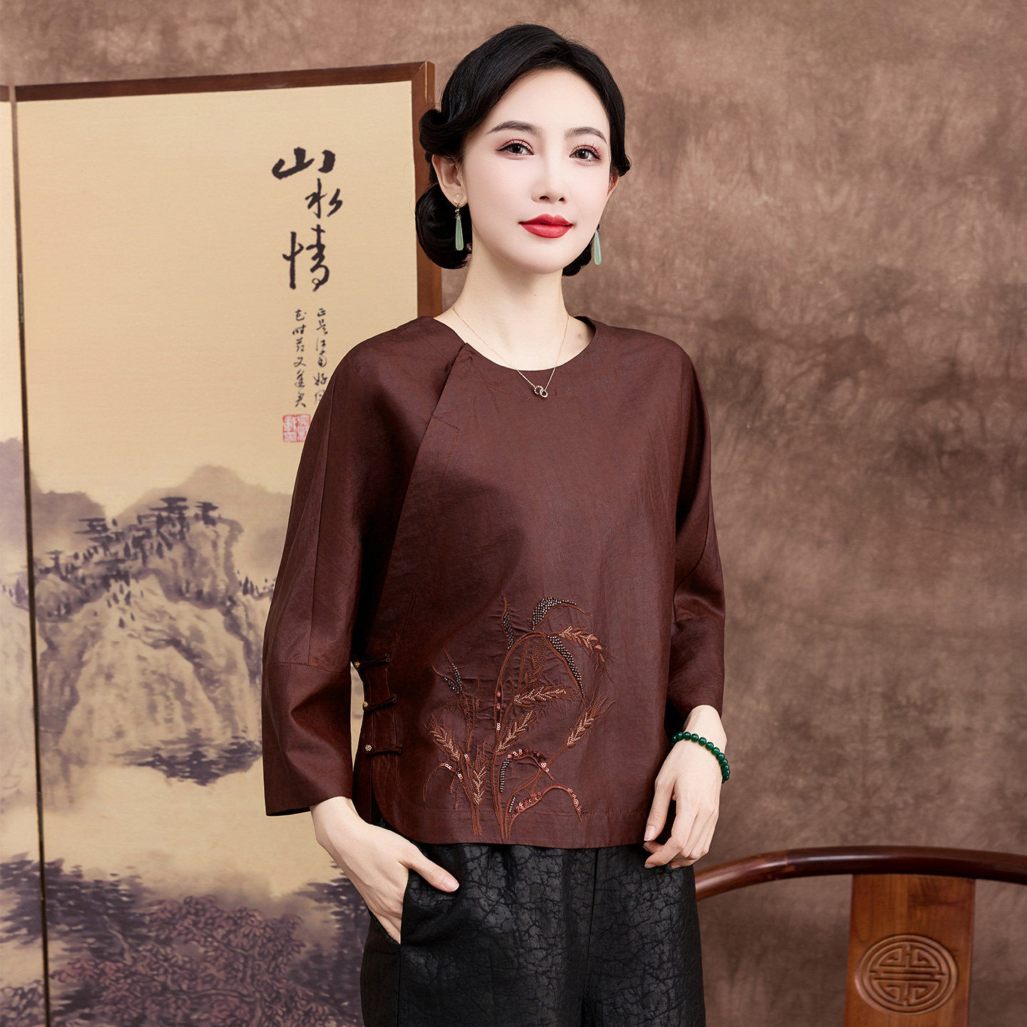 高端国风龟纹香云纱上衣女2026夏季新款七分袖真丝衬衫桑蚕丝外套