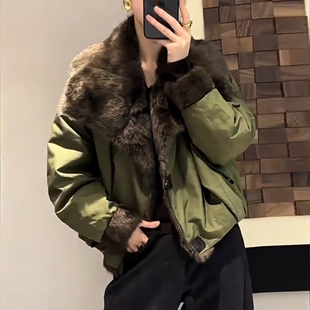欧货翻领青根貂拼接鹅绒羽绒服皮草外套女2025冬新款年轻款派克服