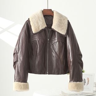 2025冬新款 夹克鹅绒羽绒服绵羊皮外套 皮毛一体毛领真皮皮衣女短款