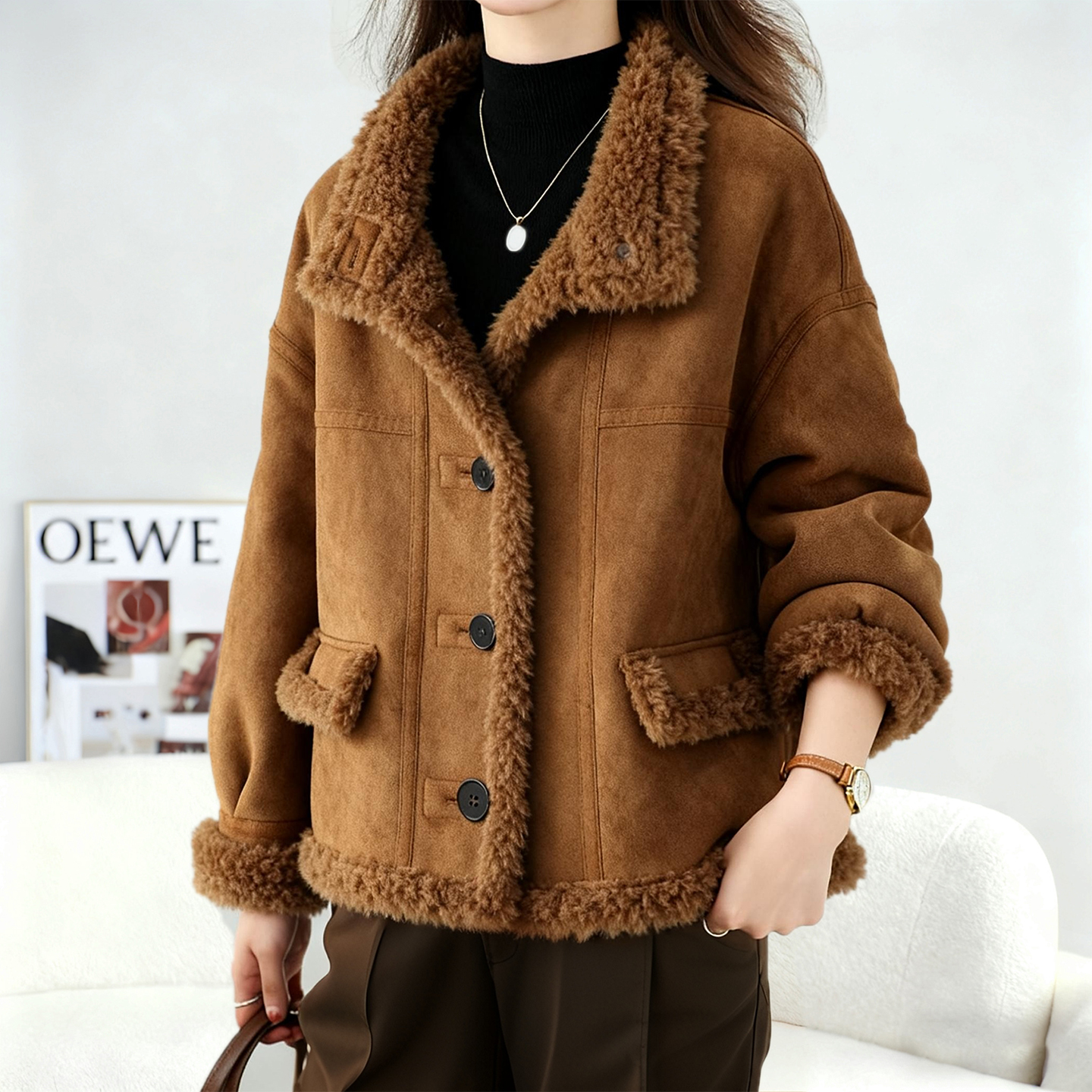 羊羔毛皮毛一体皮草外套女短款2025冬新款颗粒羊剪绒加厚保暖外套