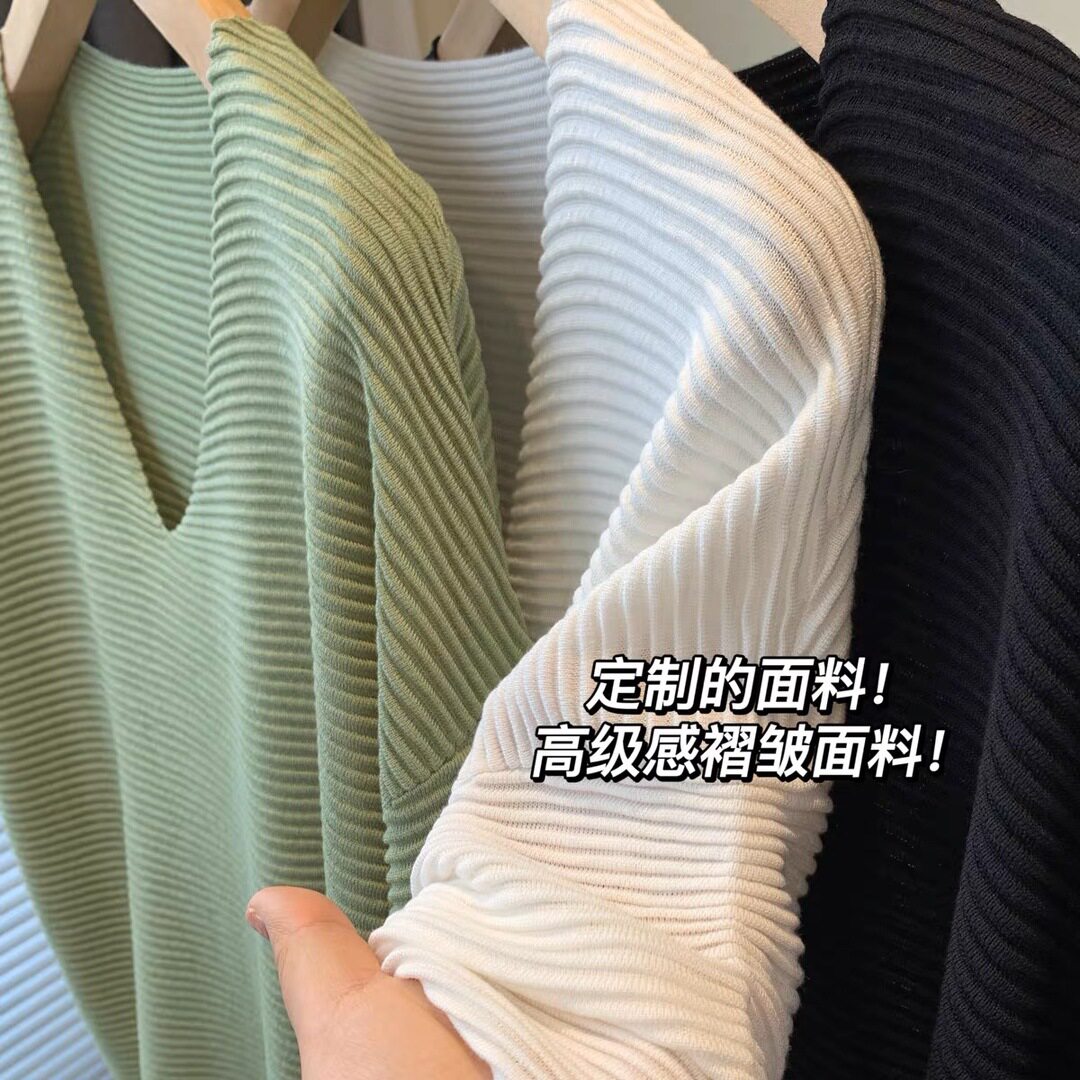 深圳南油女装~柜货v领慵懒短袖压褶高弹力洋气莫代儿T恤上衣