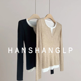 深圳南油女装~所见即所得~美丽诺羊毛V领弹力修身假两件针织衫女