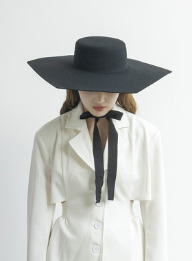 秋冬季新款欧美风六边型平顶大檐礼帽舞台走秀凹造型绑带拍摄毡帽