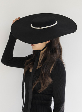 秋冬新款时尚复古英伦珍珠装饰大檐平顶羊毛呢礼帽舞走秀凹造型帽