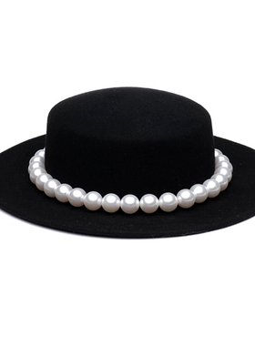 秋冬新品时尚秀款黑色小香风大珍珠小众设计百搭名媛优雅羊毛礼帽