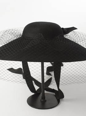 欧美复古优雅网纱羊毛毛毡圆顶大檐礼帽时尚走秀凹造型面纱礼帽