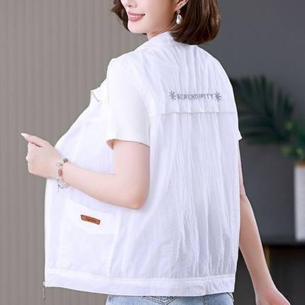 休闲妈妈纯色短款薄马甲女2024春夏新款中年宽松防晒背心坎肩马夹