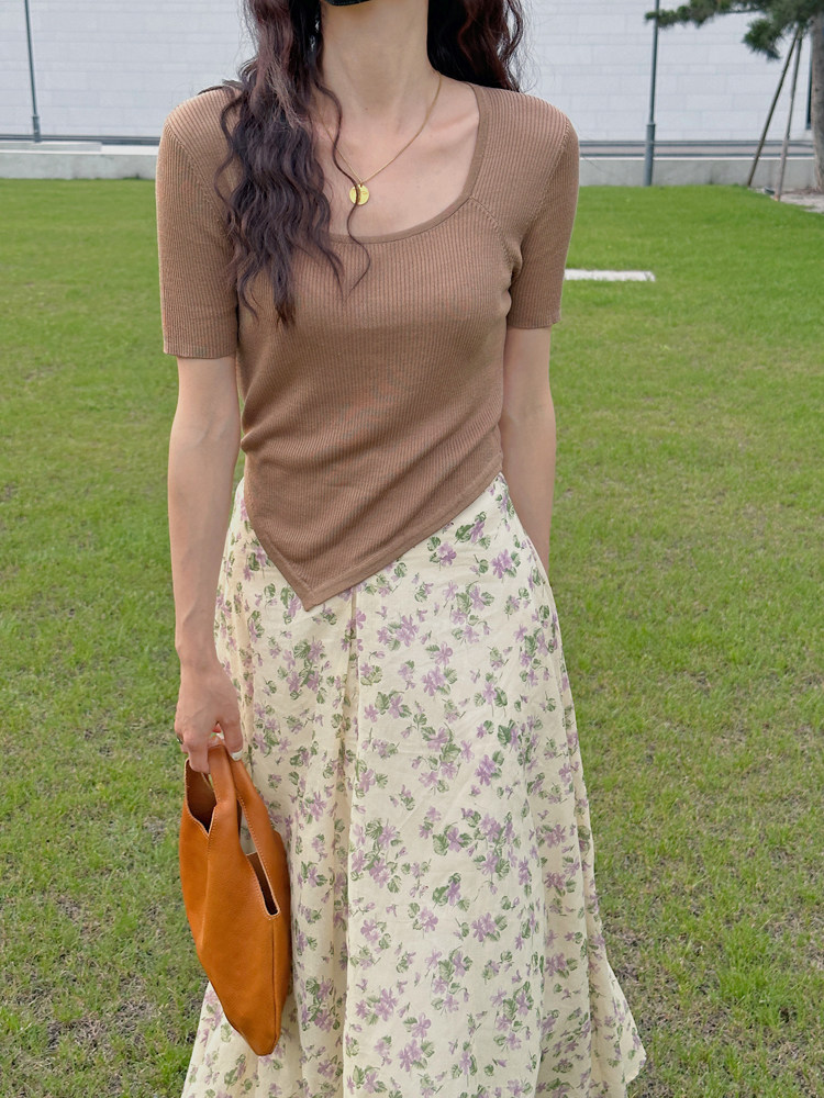 左方露天丝夏季百搭针织衫女u型领斜边短袖纯色t恤凉爽上衣空调衫