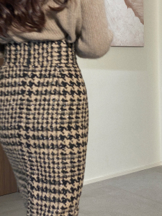 JophondLou量身定做复古千鸟格羊毛呢高腰半身裙冬女直筒开衩一步