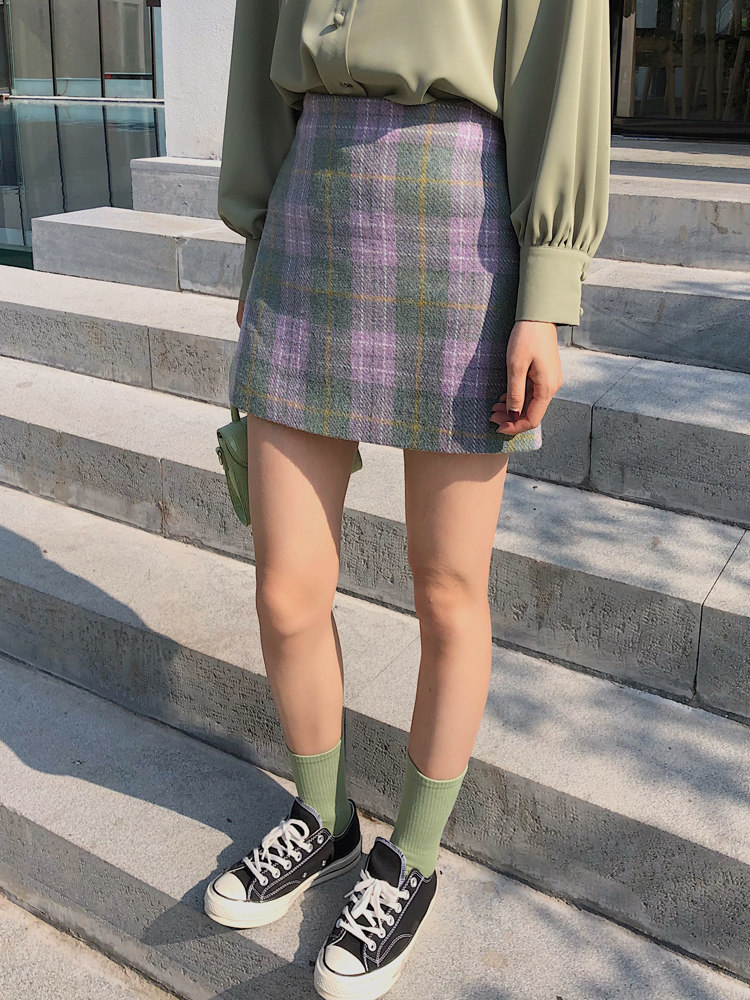 独立制作粉紫毛呢a形内搭半身裙