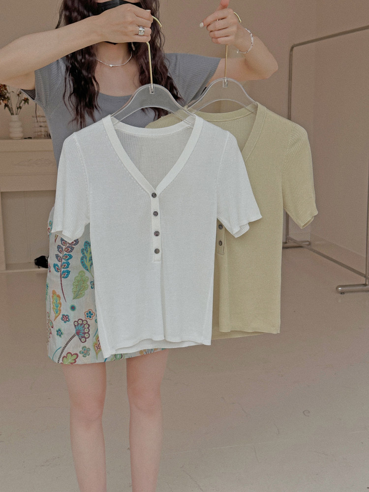 左方露天丝百搭复古v领套头针织衫t恤女凉爽空调衫辣妹短袖上衣夏