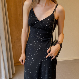 左方露原创设计黑白细波点法式 吊带裙子复古赫本风 连衣裙斜裁修身