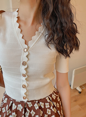 Jophond Lou春夏高弹短款七分袖修身冰丝针织开衫 内搭女 打底衫