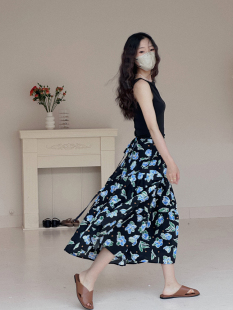 高腰百褶半身裙复古宽松a字裙子 夏纯棉百合印花 左方露 原创设计