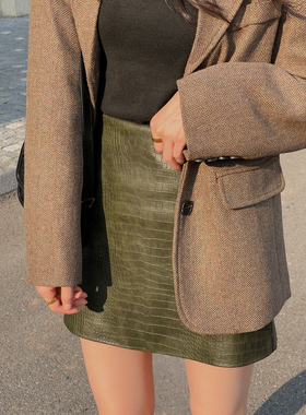 JophondLou量身定做鳄鱼纹高腰A字皮裙冬裙子半身小个子短裙气质