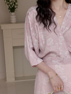 JophondLou复古国风粉色连衣裙子量身定做七分蝙蝠袖 收腰小众设计