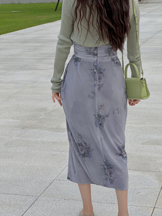 左方露原创设计网纱印花扭结设计chic高腰侧开叉过膝小众半身裙子