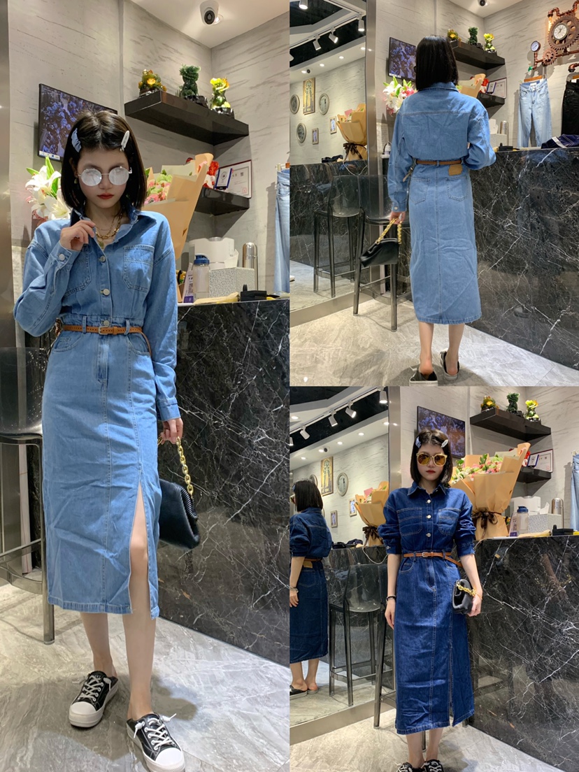 韩国进口精致女人气质高雅大气开衩皮带收腰长袖连衣裙浅蓝色蓝色