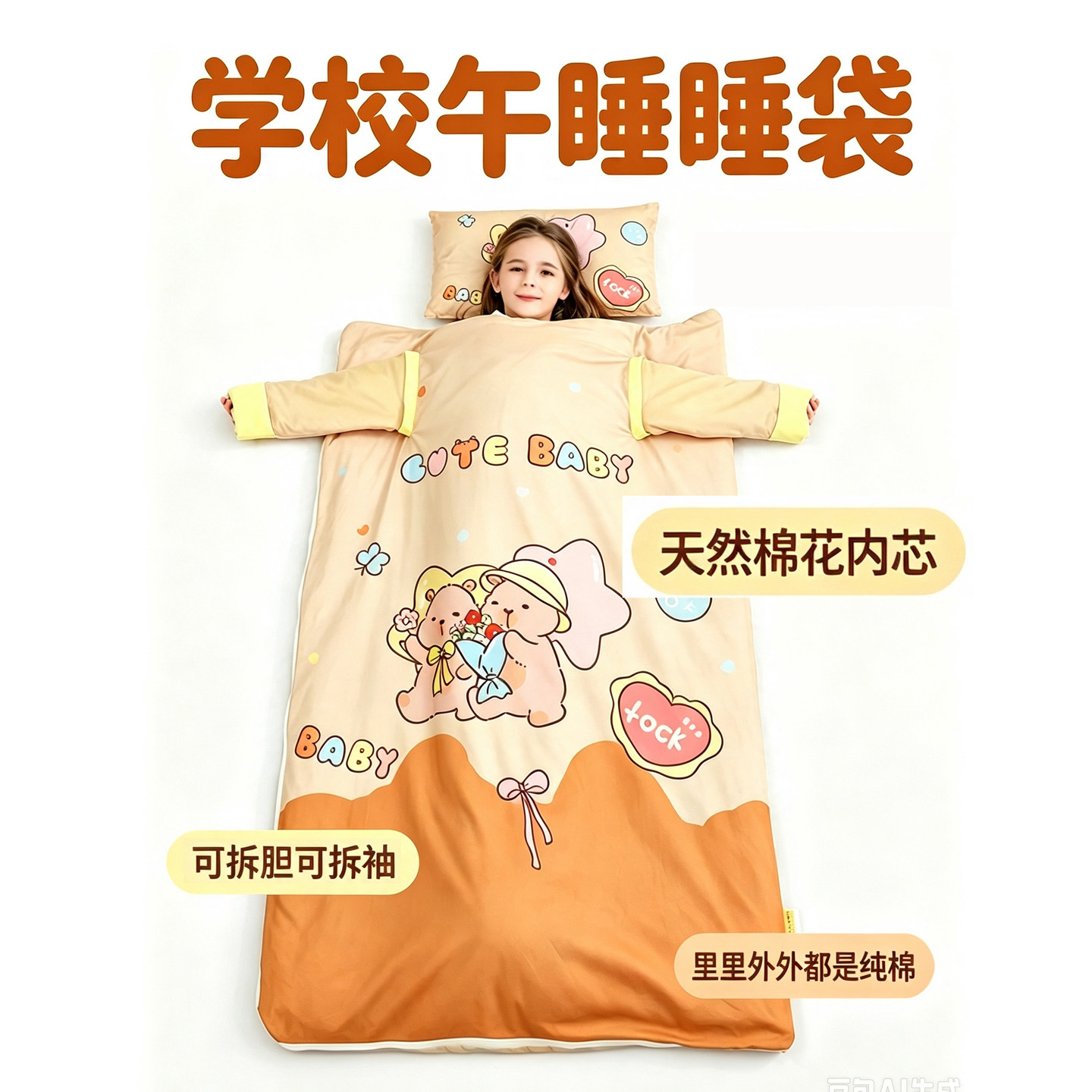 中小学生午睡睡袋纯棉花四季通用