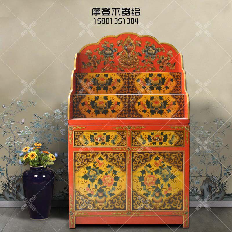 藏式彩绘佛龛带门佛台神台佛柜立柜神龛供台供桌中式仿古实木家具