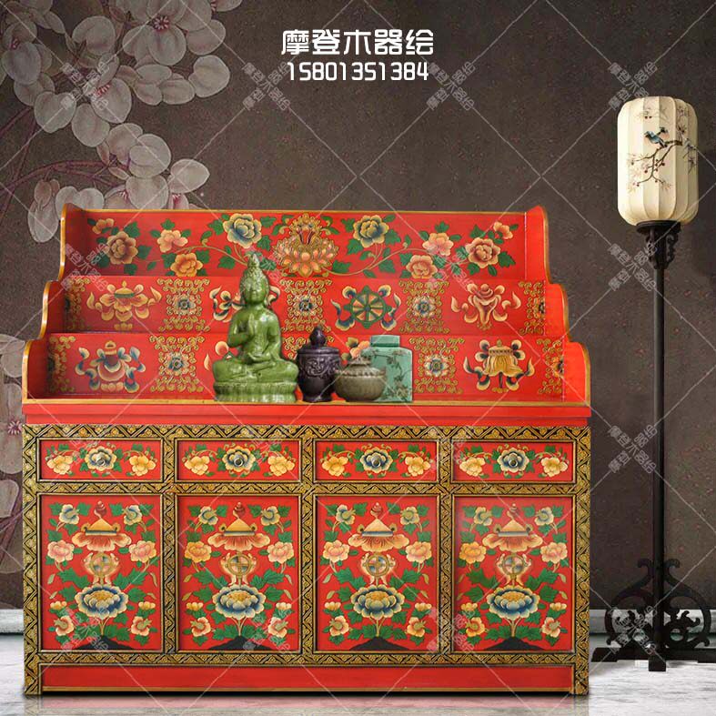 藏式佛龛彩绘供佛台佛柜贡品桌菩萨柜财神供桌中式实木家具可定做