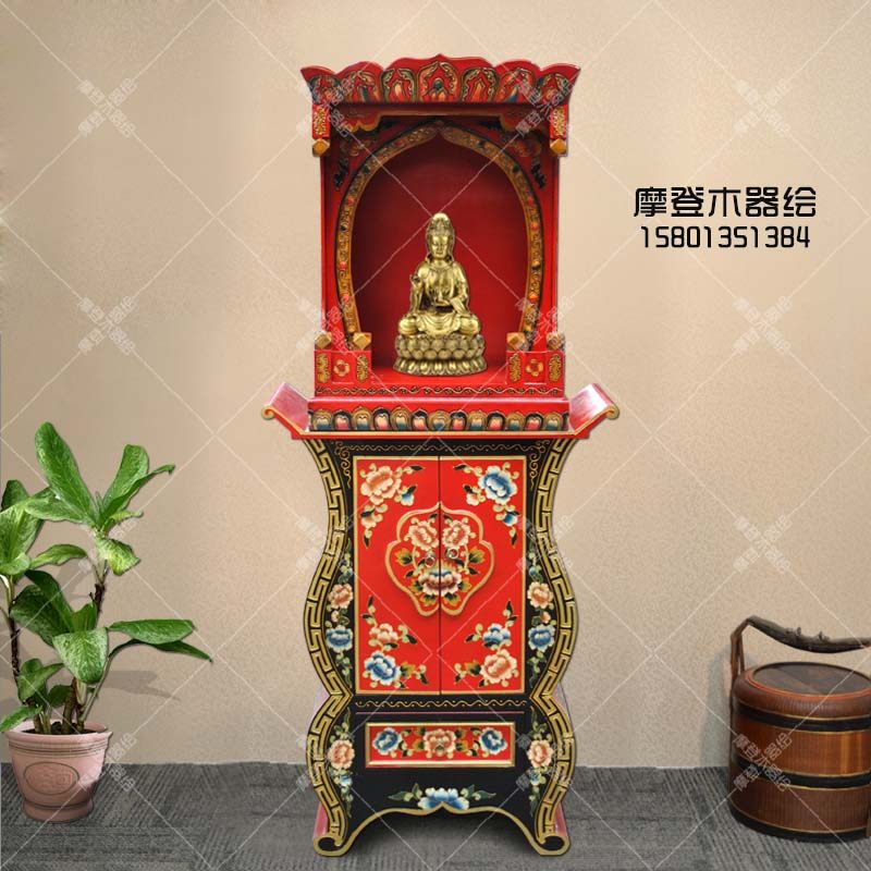 藏式彩绘佛龛佛柜带门立柜菩萨财神神台神柜神龛中式供台仿古实木