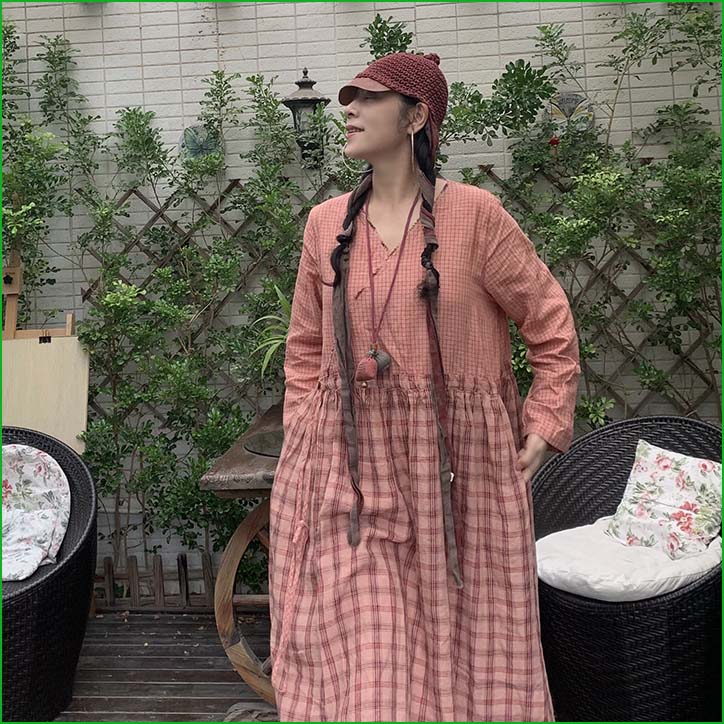 一介布衣*闲云野鹤文艺复古亚麻拼布抽绳长袖宽松高品质连衣裙