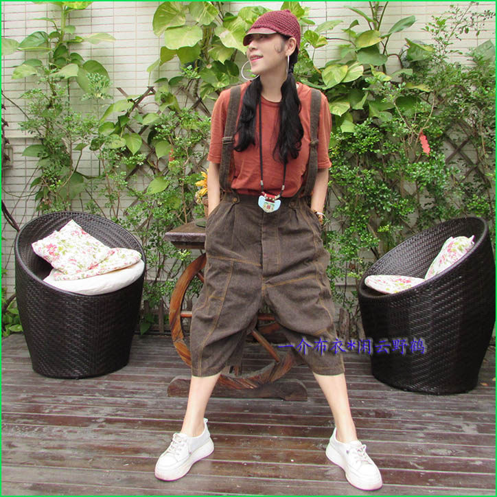 一介布衣*闲云野鹤时尚高端小众砂洗车线亚麻工艺减龄宽松背带裤