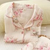 夏季 桃花诺｜竹棉纱布睡衣女春秋复古花卉长袖 开衫 透气吸汗家居服