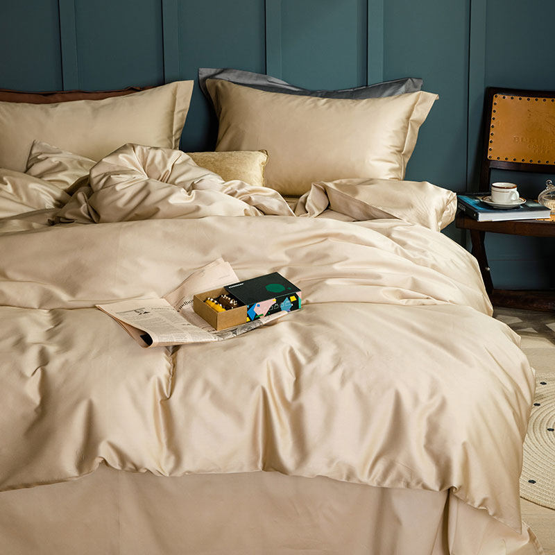 在耳边长绒棉纯色轻奢贡缎100S四件套床品套件纯棉双人床单被套