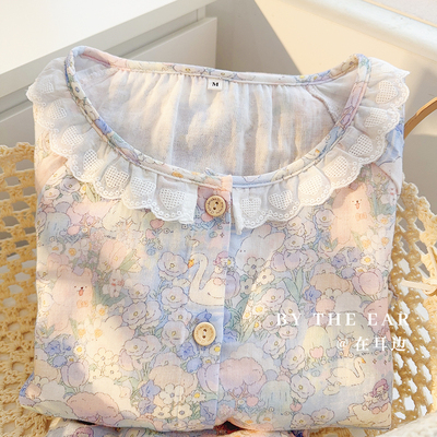 春夏薄款清新双层纱全棉睡衣