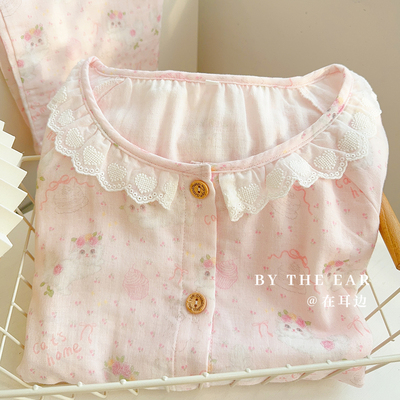 可爱猫咪纯棉双层纱布薄款睡衣