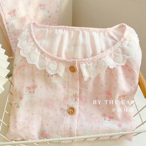 可爱猫咪纯棉双层纱布薄款睡衣