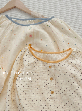 治愈印花套头睡衣女春秋夏季纯棉纱布双层薄款宽松长袖家居服套装