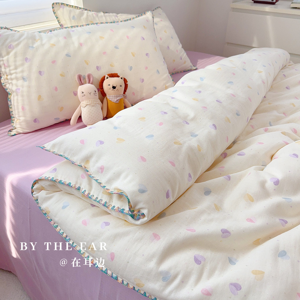 在耳边温柔紫爱心A类全棉双层纱四件套纯棉被套床单床笠床上用品
