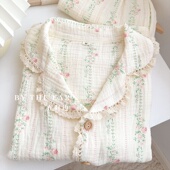 法式 家居服 薄款 浪漫蕾丝花边田园碎花睡衣女士春秋夏季 纯棉长袖