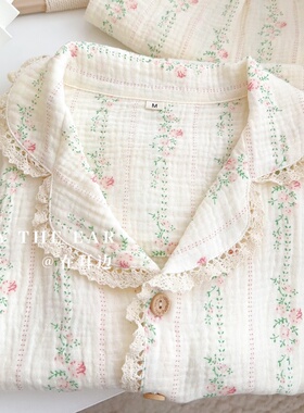 法式浪漫蕾丝花边田园碎花睡衣女士春秋夏季纯棉长袖薄款家居服