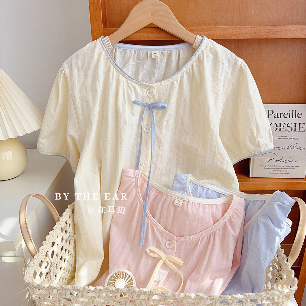 日系简约全棉人字纹睡衣女款夏季