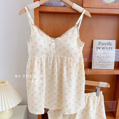 法式 甜美小碎花微光带胸垫纯棉皱皱纱布吊带睡衣免文胸家居服