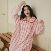 宽松家居裙 长款 秋冬睡裙女冬季 珊瑚绒甜美卡通刺绣睡衣娃娃领长款