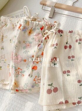 夏季薄纯棉泡泡棉纱布甜美卡通花朵熊宽松高腰全棉家居短裤睡裤女