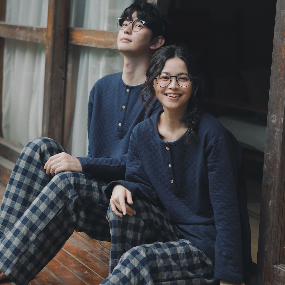 日式简约秋冬情侣全棉睡衣套装