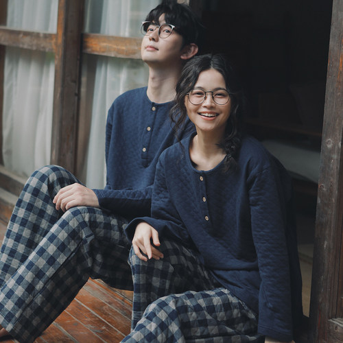 日式简约秋冬情侣全棉睡衣套装